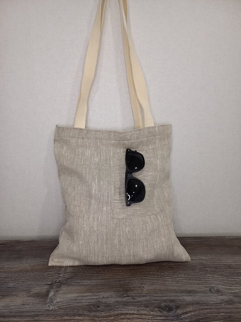 Reusable Linen tote bag Shopper bag Shopping bag Grocery bag Shoulder bag - กระเป๋าถือ - ลินิน สีกากี