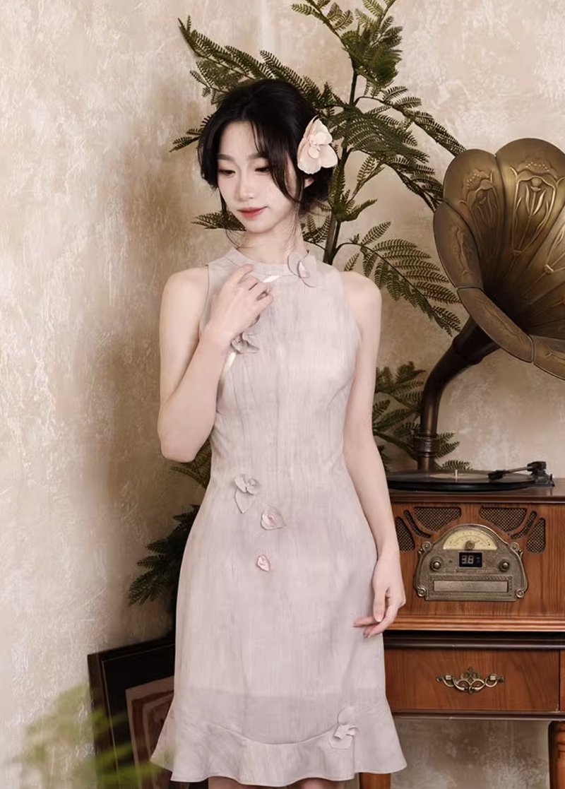 蝶蘭2 藝術感蝴蝶蘭旗袍連身裙 手工製 - 洋裝/連身裙 - 其他材質 粉紅色