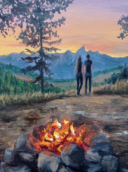 山絵、焚き火、ロマンティック絵画、オリジナルアート山遠足堅畫家居裝