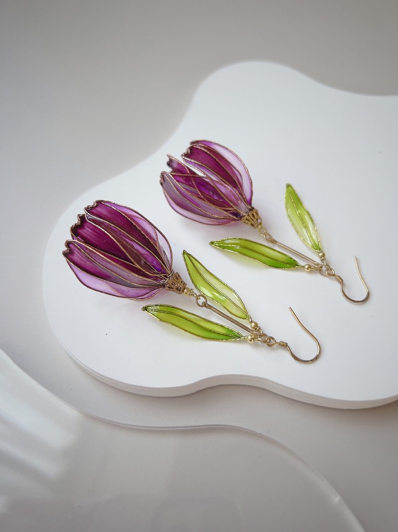 Confessions of Love Purple Tulip Drop Resin Earrings - ต่างหู - เรซิน สีม่วง