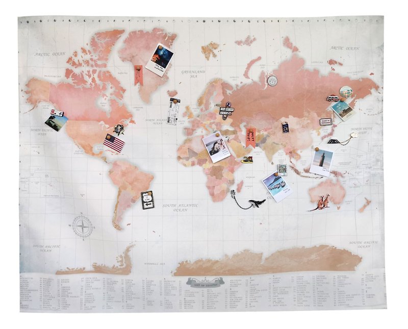 聚酯纖維 壁貼/牆壁裝飾 粉紅色 - 帶木製別針的世界地圖畫布 / 4 種顏色 / 日記本家居裝飾學習