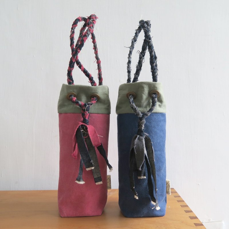 Portable shoulder-back dual-use | Hand-knitted ancient cloth + washed canvas stitching red wine bag | Chunmei Red - Beverage Holders & Bags - Cotton & Hemp Pink