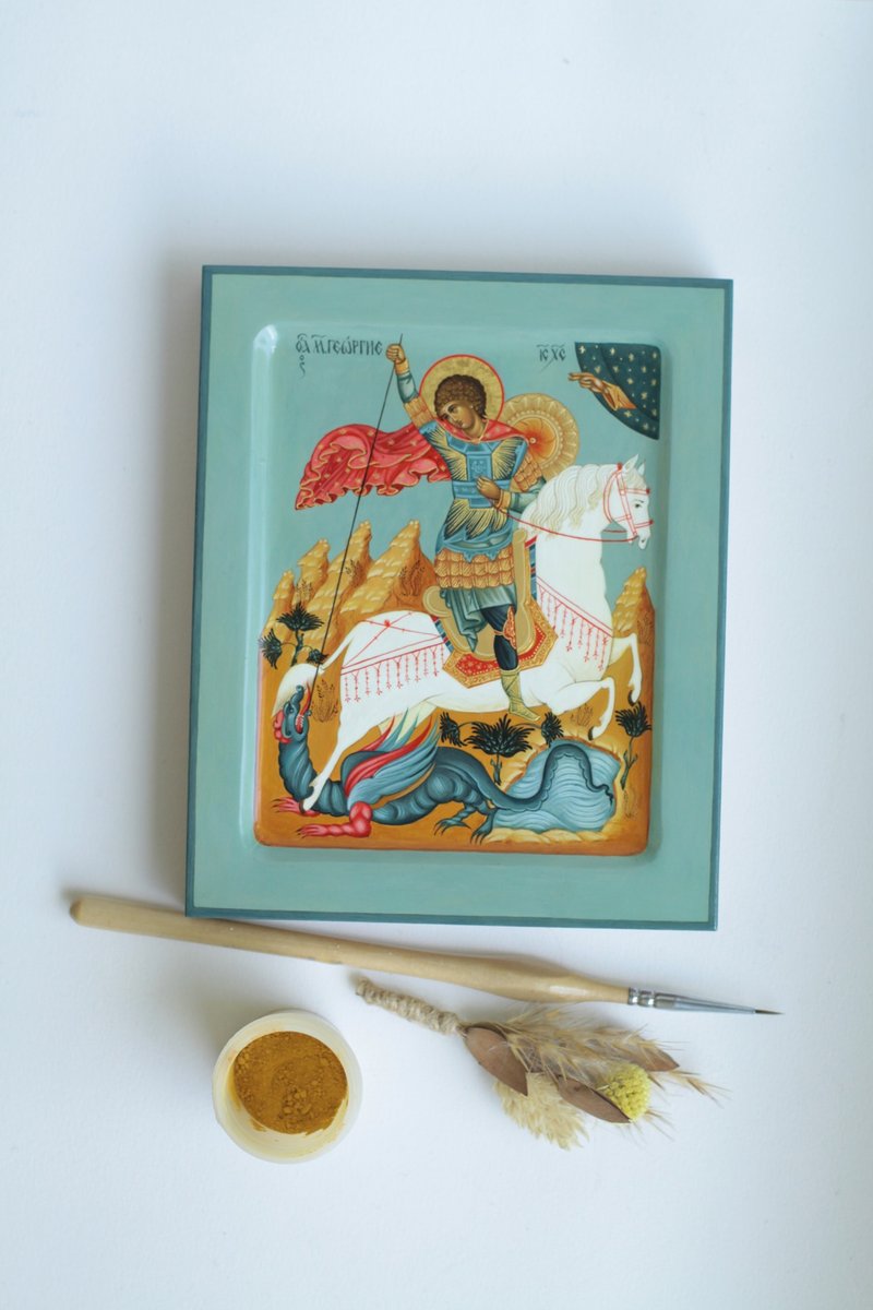 hand painted orthodox wood icon Holy Great Martyr George  Religious pocket size - 其他 - 木頭 綠色
