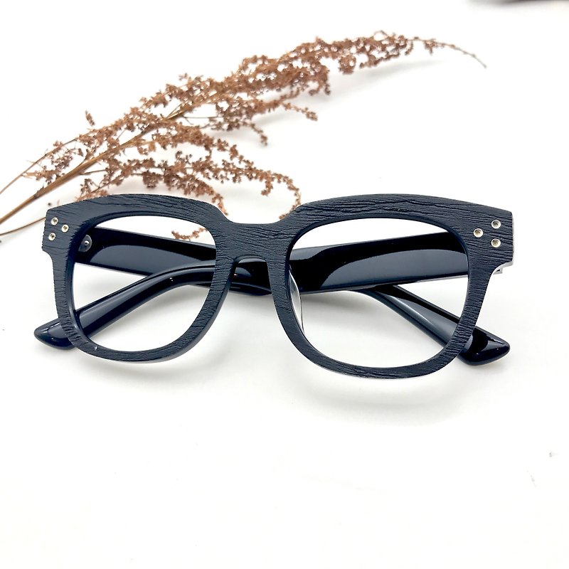 砂黑色復古方框眼鏡日本手工切削特色製作 - 眼鏡/眼鏡框 - 塑膠 黑色