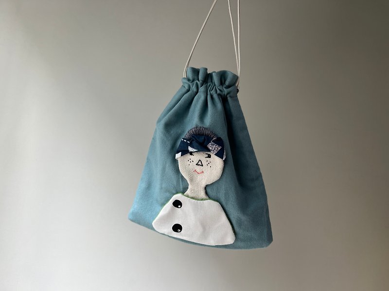 Ms. Noriko's small waste bag with a tie-up - light blue - กระเป๋าหูรูด - ผ้าฝ้าย/ผ้าลินิน 