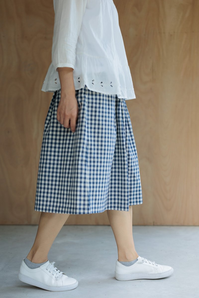 Blue plaid Japanese Linen midi skirt - Skirts - Cotton & Hemp Blue