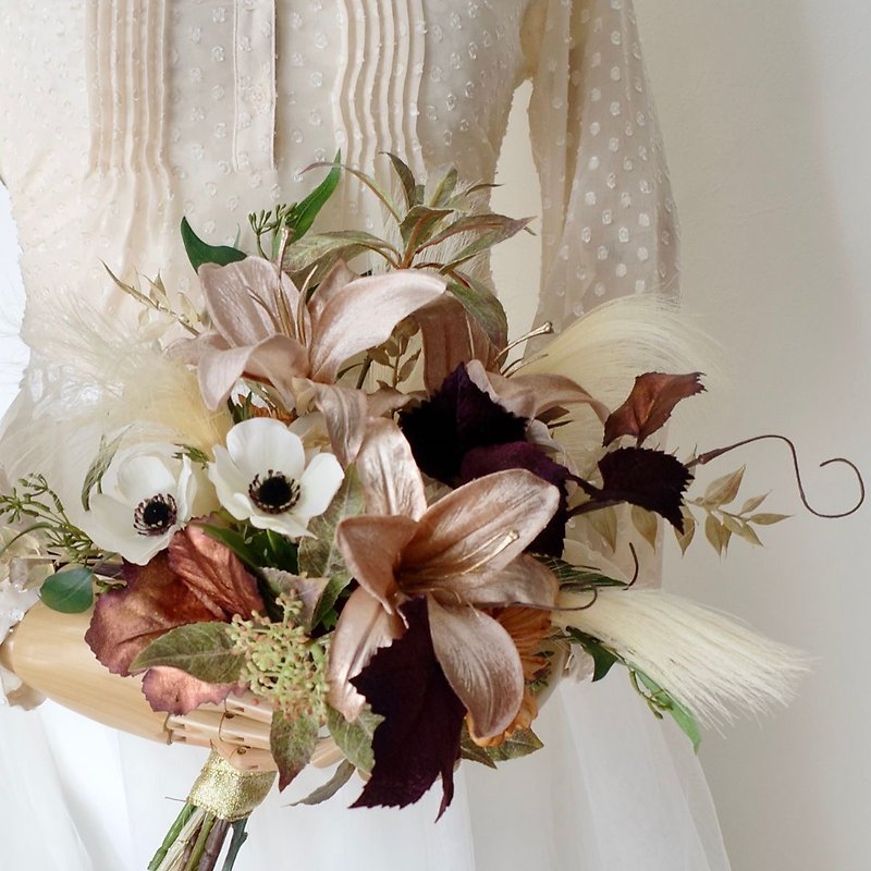 Wedding bouquet Boutonniere artificial flower anemone chic gorgeous lily artific - Dried Flowers & Bouquets - Other Materials Gold