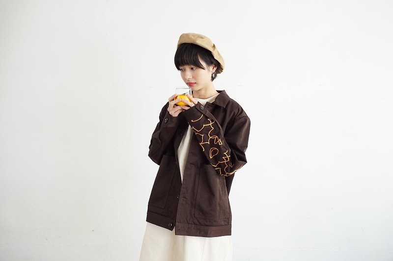 香港製造 日本尼龍深啡色防潑水刺繡工裝外套 - 外套/大衣 - 尼龍 咖啡色