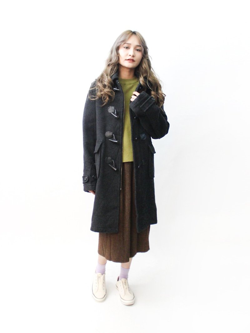 [RE1115C438] autumn and winter college wind vintage plaid wool hooded with hooded vintage coat buckle coat - เสื้อแจ็คเก็ต - ขนแกะ สีดำ