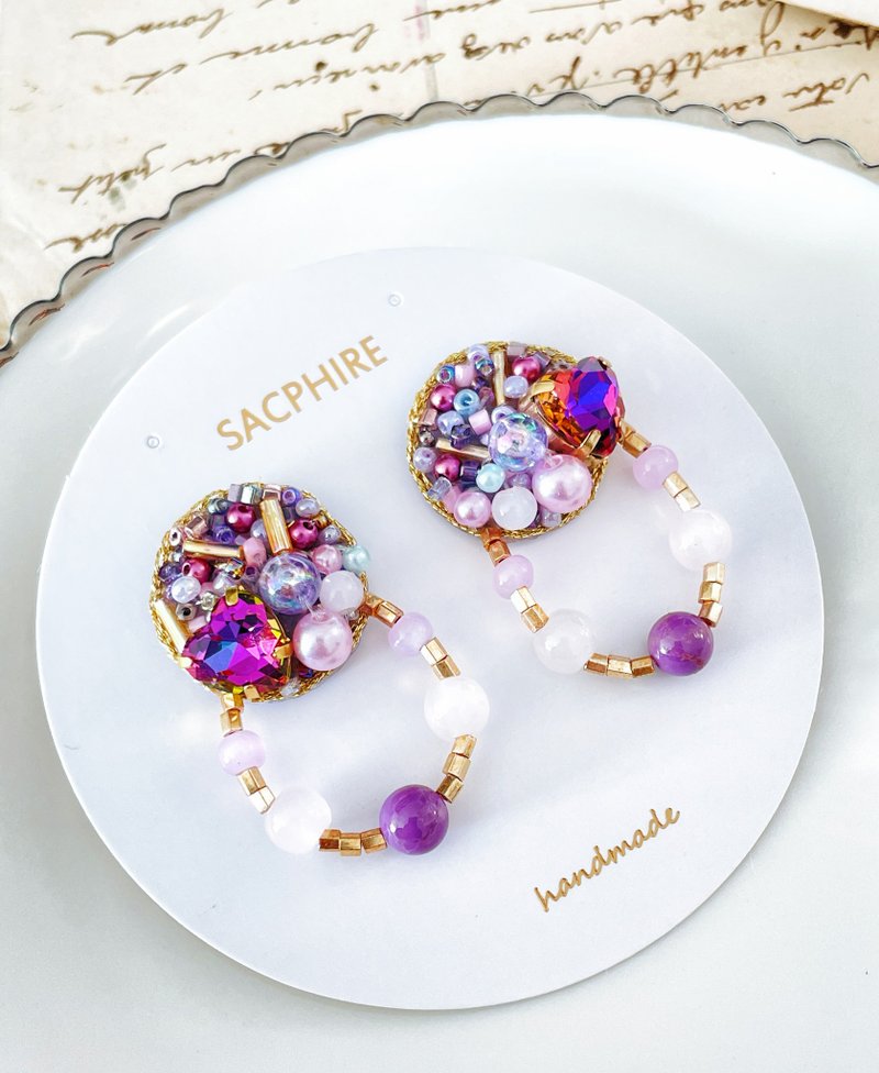 Dreamy heart-shaped amphibole embroidered earrings romantic retro - Earrings & Clip-ons - Other Materials Purple