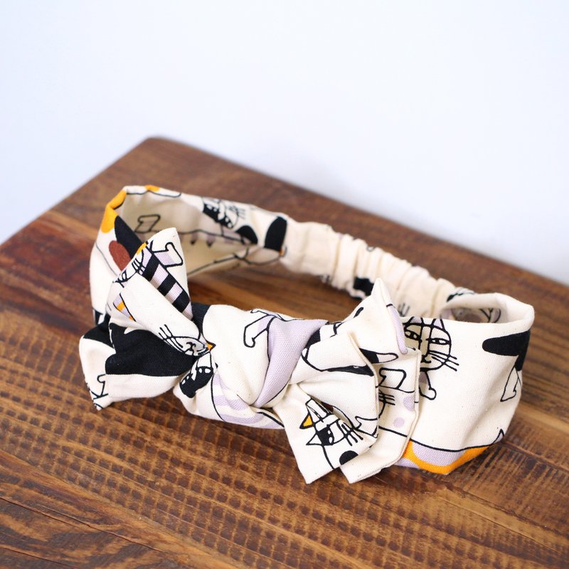 魔女琪琪髮帶-壞壞貓咪 鬆緊交叉頭巾 兒童母女寶寶 彈性寬版頭帶 - 髮箍/髮帶 - 棉．麻 多色