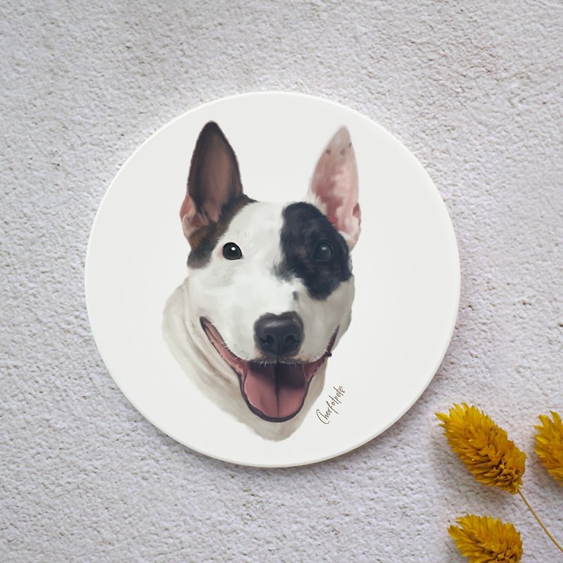 Watercolor Style Pet Portrait Coaster (Bull Terrier) - Other - Pottery White