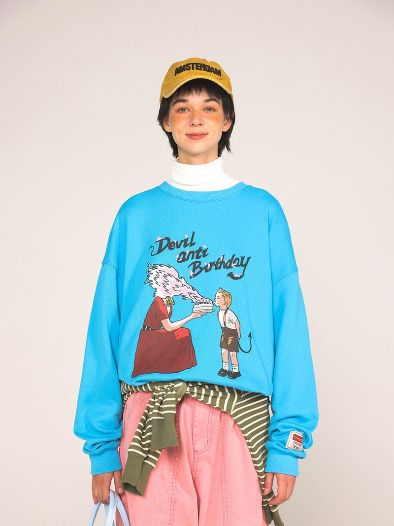 UNVESNO小鬼生日會-搗蛋背光印花復古衛衣情侶裝國潮牌 SWS-1587 - 男 T 恤 - 棉．麻 藍色