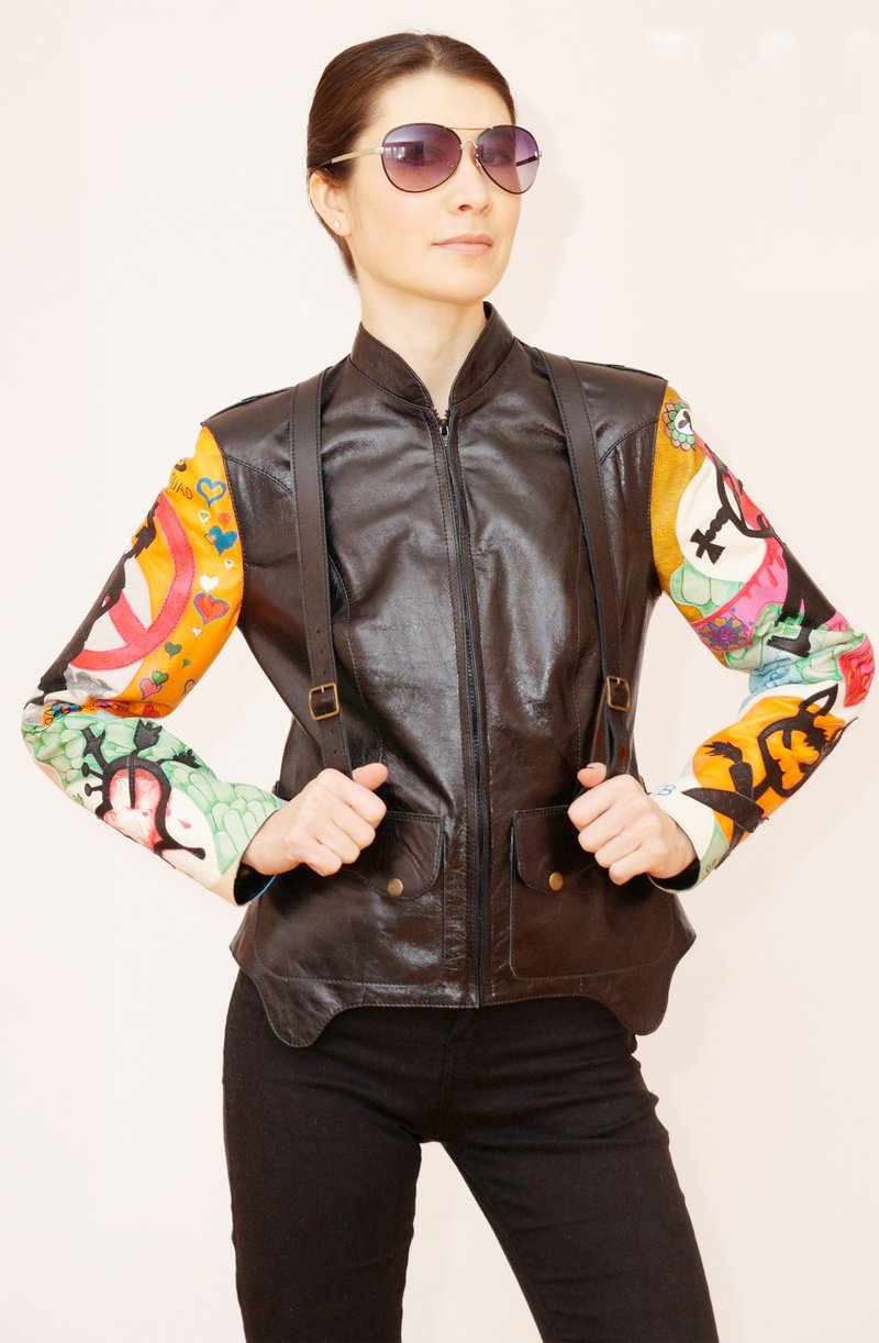 Womens genuine soft lambskin leather painted jacket with detachable harnes - 女大衣/外套 - 真皮 多色