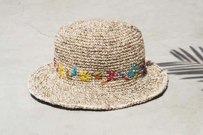 Cotton, Linen hat knit cap hat hat straw hat straw hat -Boho rainbow embroidered flowers forest - หมวก - ผ้าฝ้าย/ผ้าลินิน หลากหลายสี