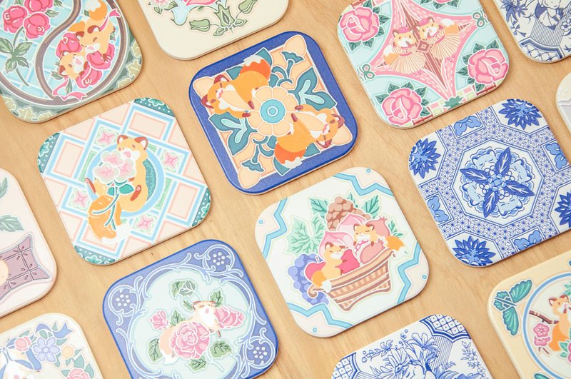 │Fox retro tiles│Light glazed absorbent coasters - ที่รองแก้ว - ดินเผา สีน้ำเงิน