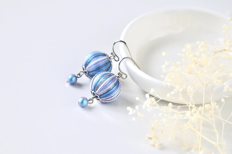 blue hydrangea cotton ball Japan jewelry - Earrings & Clip-ons - Cotton & Hemp Blue