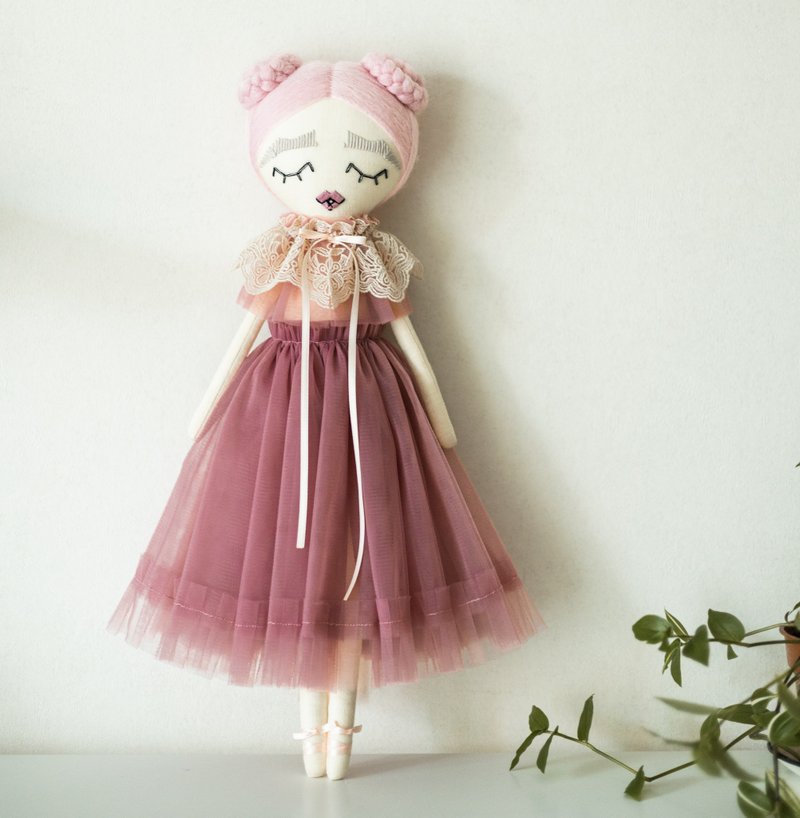 Handmade textile stuffed doll / Pink plush rag doll / Christmas girl gift - Stuffed Dolls & Figurines - Other Materials Pink