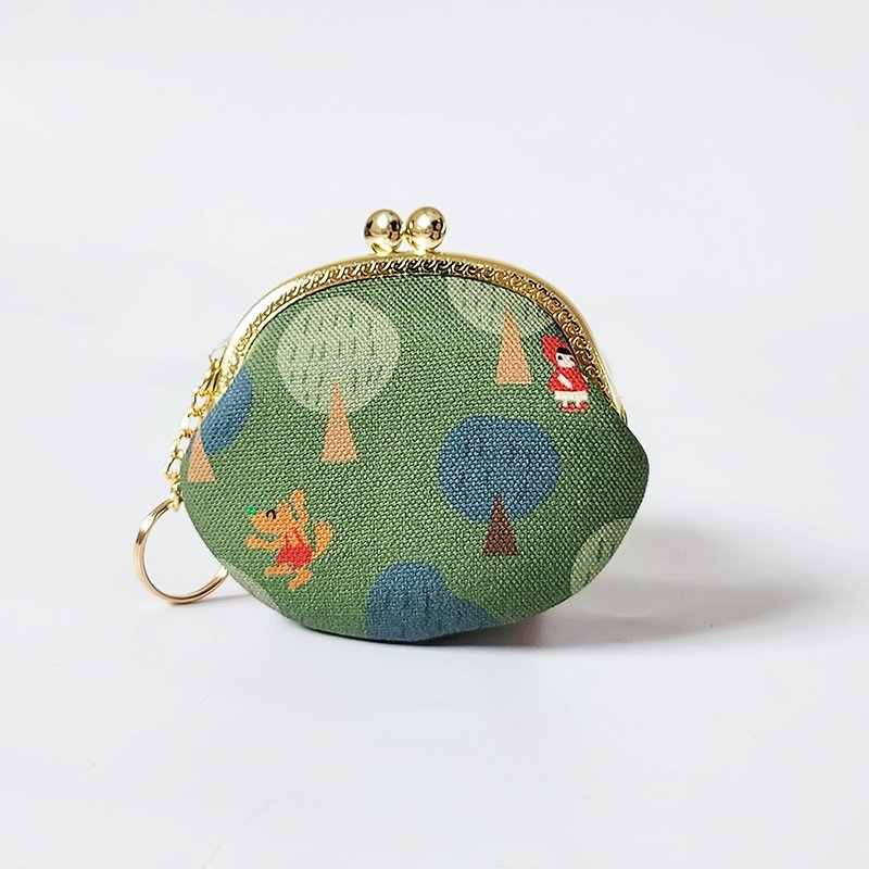 Water-repellent small egg coin purse keychain printed cloth bag-grass green beautiful garden little red riding hood - Coin Purses - Cotton & Hemp Green
