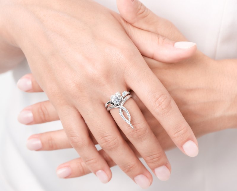 莫桑石14k鑽石訂婚結婚戒指套裝 花卉白金戒指組合 蘭花藤蔓戒指 - 戒指 - 貴金屬 銀色