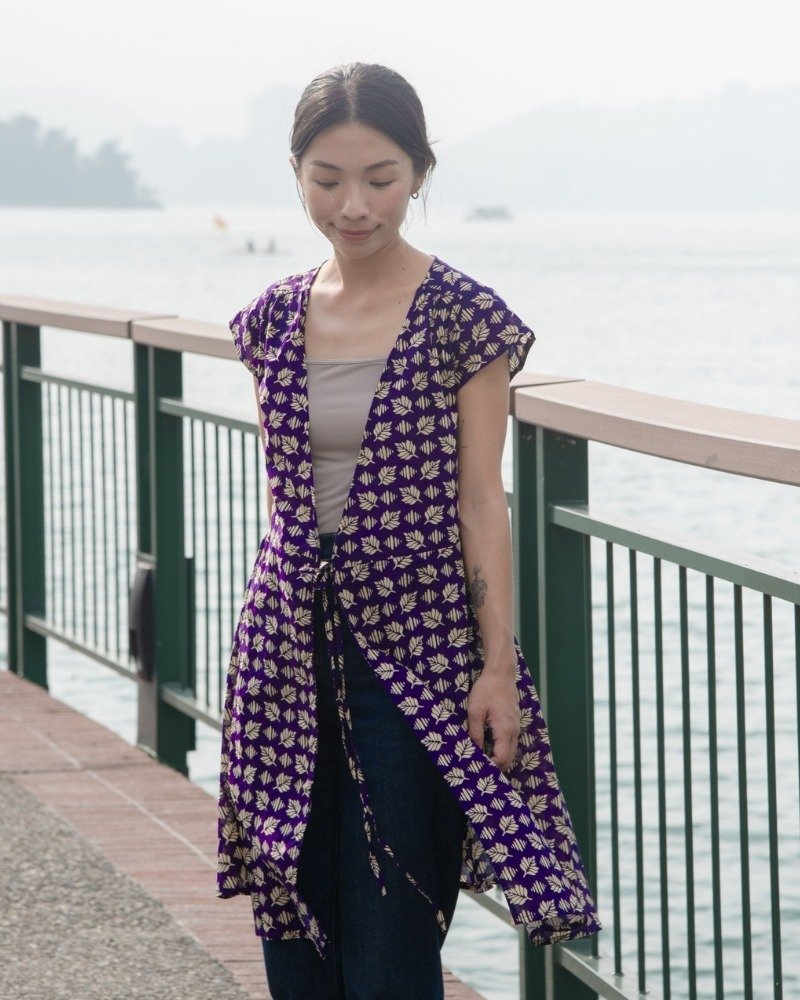 Indian Block Print Cotton Wrap Skirt / Short Sleeve Top - Feather Fern Purple - ชุดเดรส - ผ้าฝ้าย/ผ้าลินิน สีม่วง