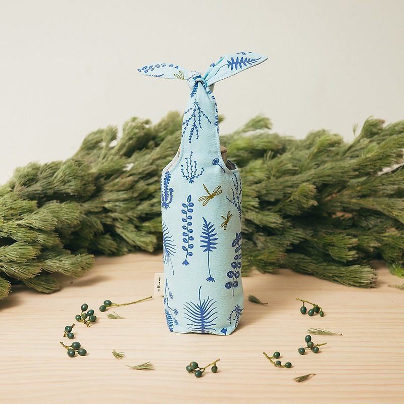 "Rabbit Ear" Bottle Holder / Weeds and Dragonfly / Petal Blue - Beverage Holders & Bags - Cotton & Hemp Blue