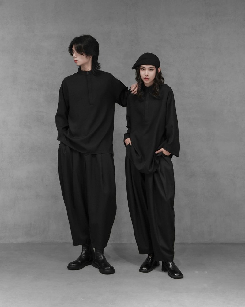 MUKK DESIGN 隱藏半釦七分袖襯衫 - 男襯衫/休閒襯衫 - 聚酯纖維 黑色