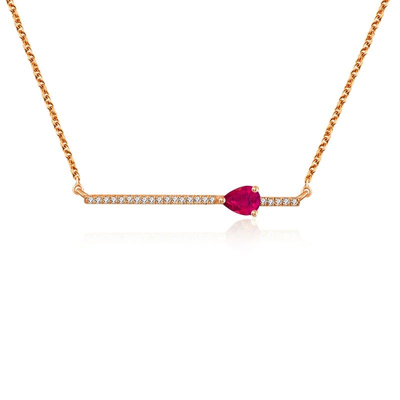 Line Diamond Necklace with Drop Shape Ruby - สร้อยคอ - เครื่องเพชรพลอย สีแดง