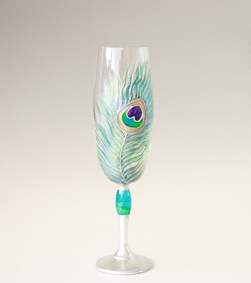 Peacock Feather Champagne Wine Glass, Hand-painted - 酒杯/酒器 - 玻璃 藍色
