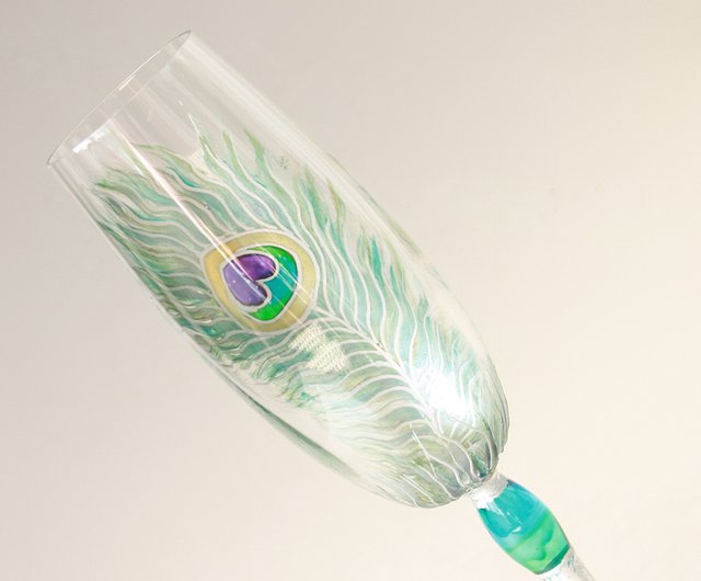 Peacock Feather Wine Glasses hand-painted, set of 2 - Shop NeA Glass Bar  Glasses & Drinkware - Pinkoi