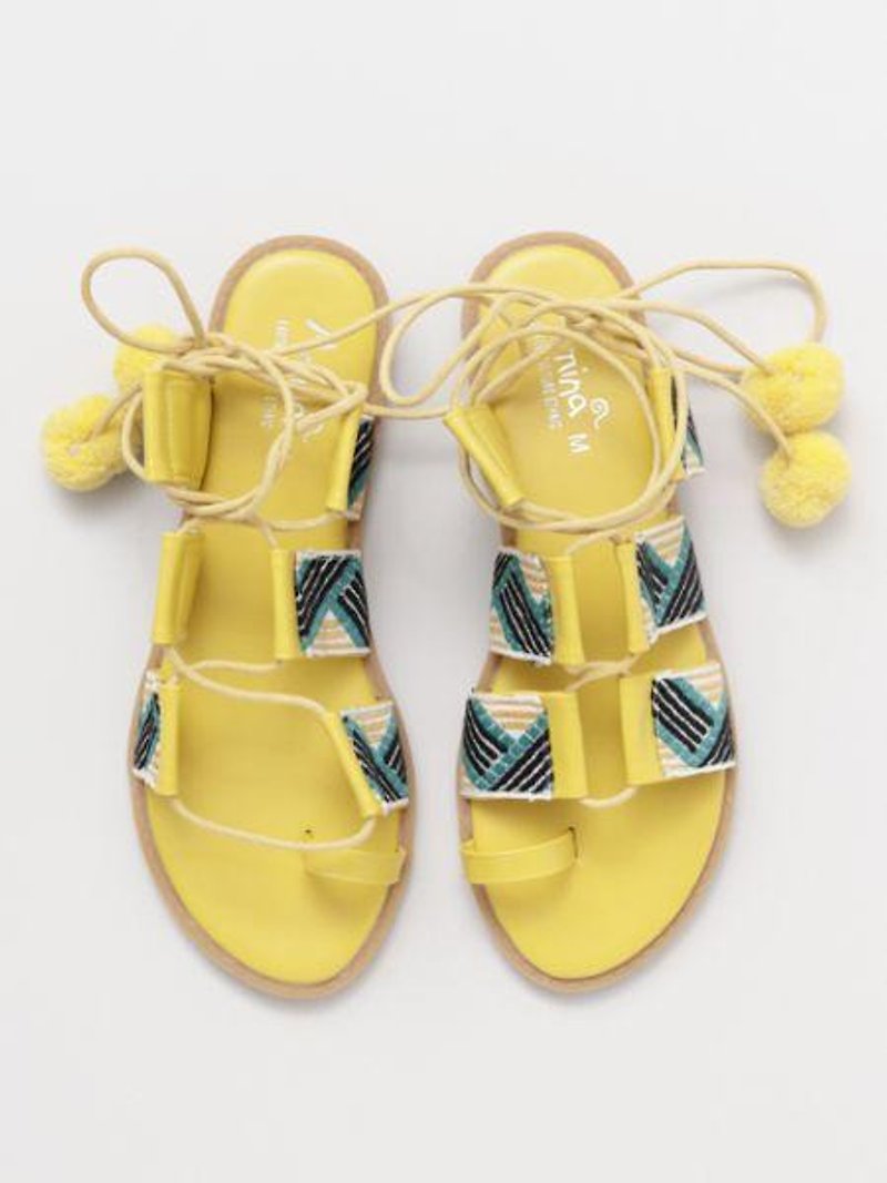 Pompom Lace up Sandals - Women's Casual Shoes - Other Materials 