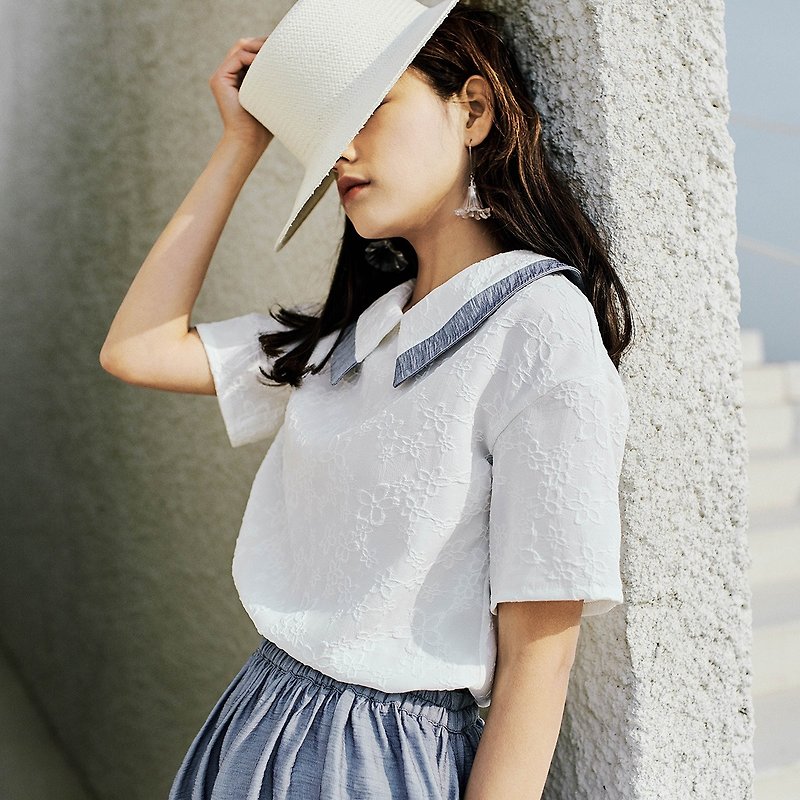 Annie Chen 2017 Miss Xia Zhuang new blue and white short-sleeved shirt collar doll - เสื้อเชิ้ตผู้หญิง - ผ้าฝ้าย/ผ้าลินิน ขาว