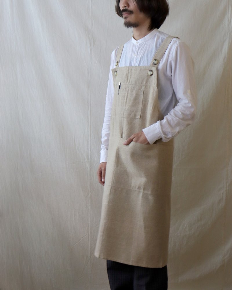 Ayuno round button multi-pocket apron Linen color - Aprons - Cotton & Hemp Khaki