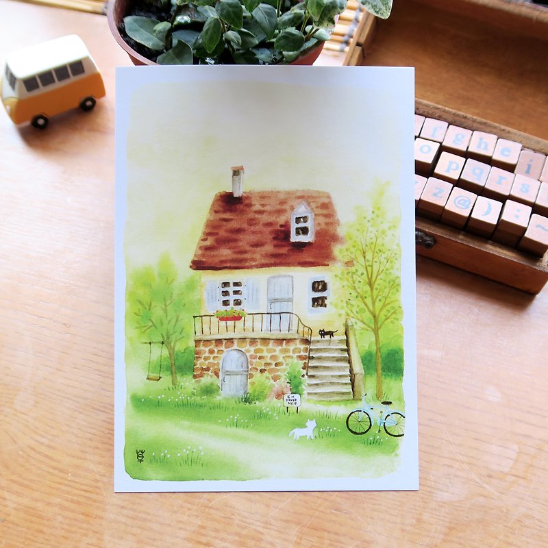 Dream cottage no.15 Postcard of a cottage with a swing on a small slope - การ์ด/โปสการ์ด - กระดาษ สีเขียว