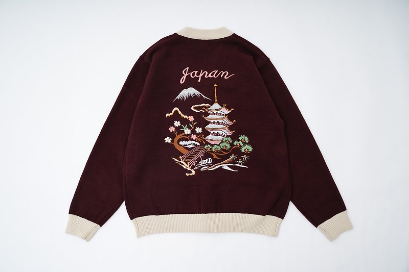 Still vintage HOUSTON JAPAN - Embroidered knitted cardigan burgundy Kyoto Yokosuka - สเวตเตอร์ผู้ชาย - ขนแกะ สีแดง