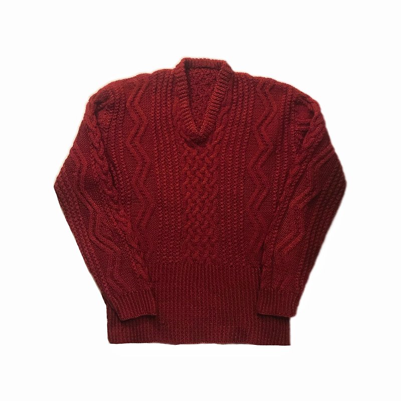 Vintage Aran V-neck Sweater Burgundy V-neck Sweater