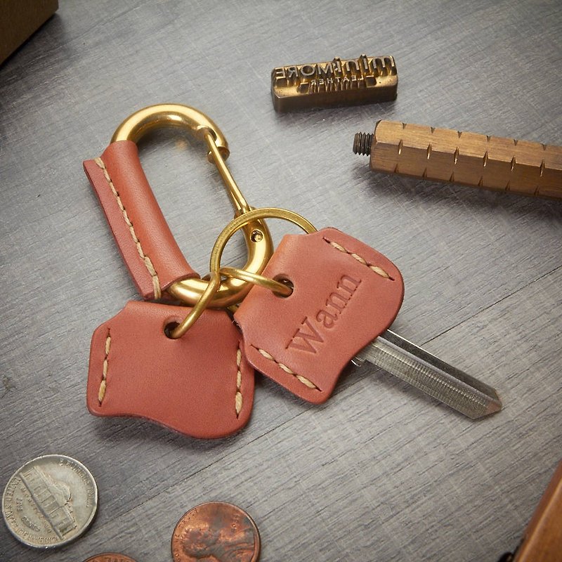 帶2個鑰匙蓋的皮革包裹黃銅登山扣 - 鑰匙圈/鑰匙包 - 真皮 紅色