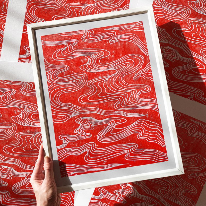 Red Abstract Japanese Cloud Linocut Print Modern Living Contemporary Home Gift - 壁貼/牆壁裝飾 - 紙 紅色
