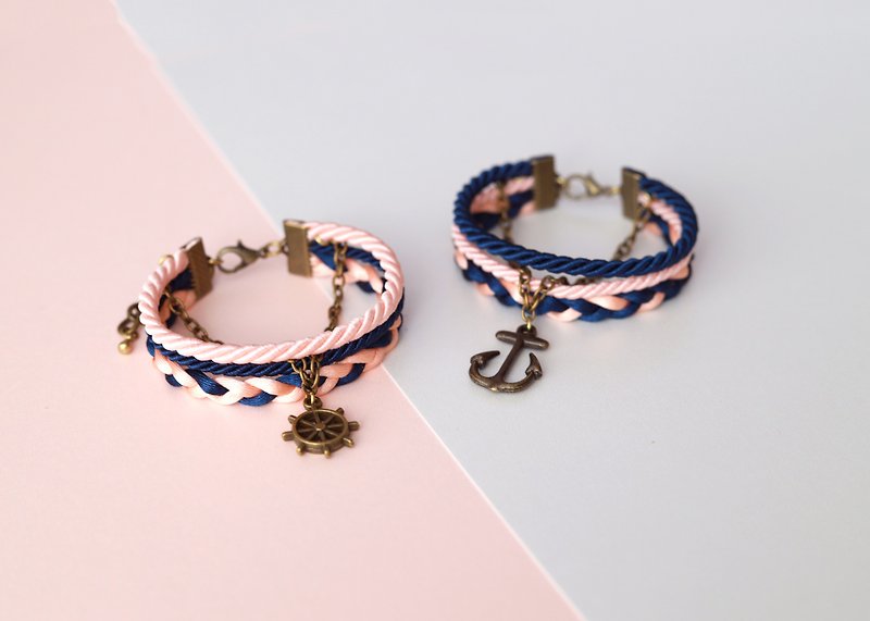 Navy / Coral layered bracelet with anchor and ship-wheel charm - Bracelets - Polyester Blue
