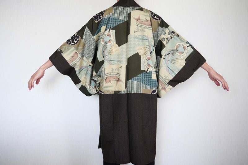 Japanese KIMONO, mens kimono, samurai haori, authentic kimono, traditional - 男夾克/外套 - 絲．絹 咖啡色
