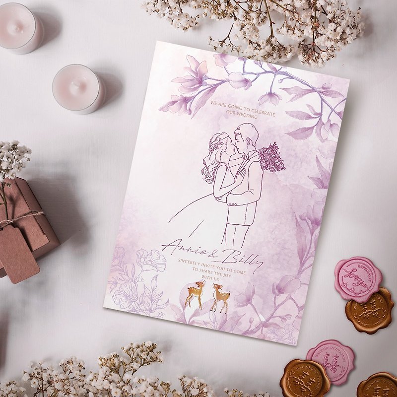 Dry flower purple portrait line illustration-like face painting-postcard wedding invitation [with electronic wedding invitation] - การ์ดงานแต่ง - กระดาษ สีม่วง