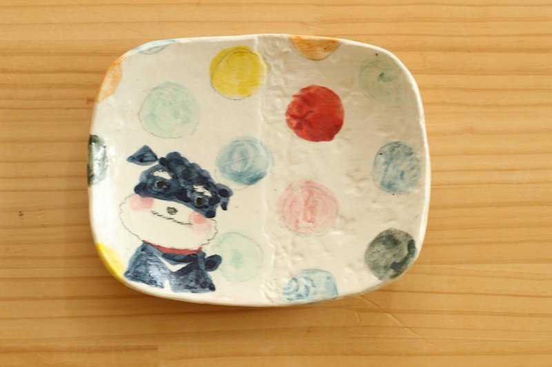 ※ Order Production Powder Drawing Colorful Dot and Miniature Schnauzer Square Cake Dish. - Small Plates & Saucers - Pottery Red