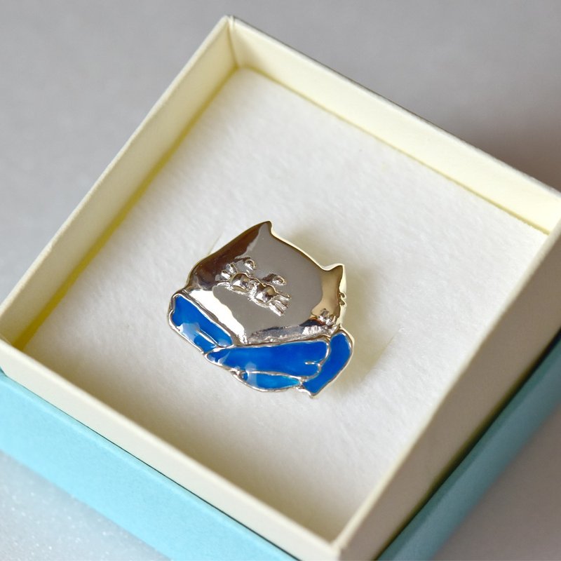 【silver925】【ピンバッジ】ねこバッジ青 - 胸針 - 其他金屬 藍色