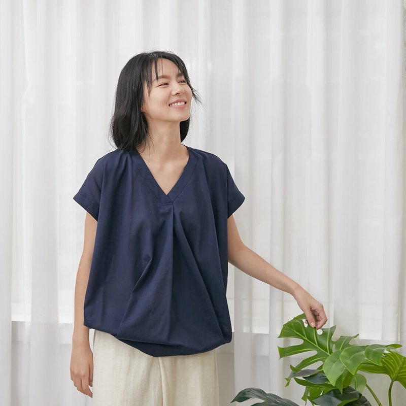 Vera V-neck drop sleeve Cotton Top / Navy - Women's Tops - Cotton & Hemp Blue