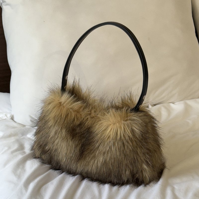 TWO-WAY RACCOON FUR BAG - 手提包/手提袋 - 聚酯纖維 咖啡色
