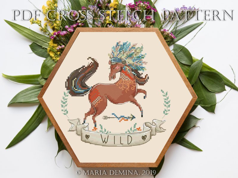 Boho Wild Horse PDF cross stitch pattern - 手工藝教學/工具書 - 其他材質 