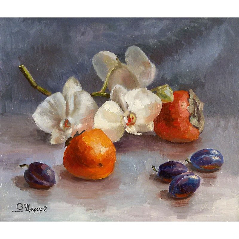 Persimmon painting fruit original art orchid artwork floral still life 30x35cm - Posters - Other Materials Blue