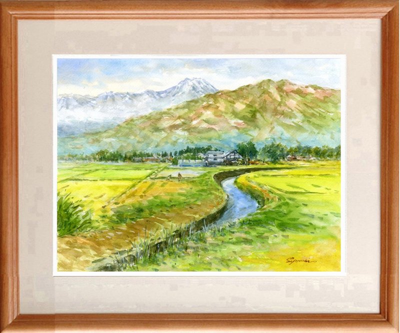 水彩画原画　常念岳と安曇野田園 - 海報/掛畫/掛布 - 紙 綠色