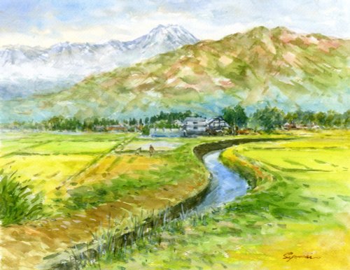 水彩画原画　常念岳と安曇野田園 500x0.jpg