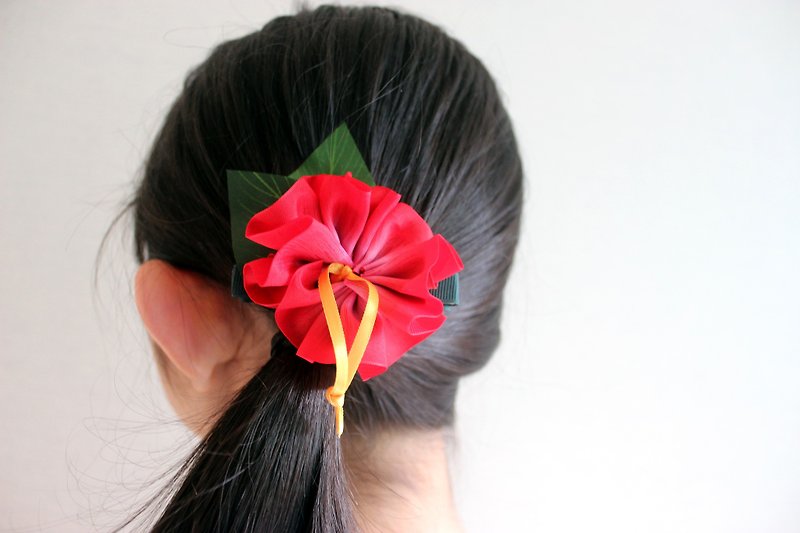 3ways hibiscus hair tie (Organza red), Ponytail Holders, Hawaiian hair bow, - Hair Accessories - Cotton & Hemp Red